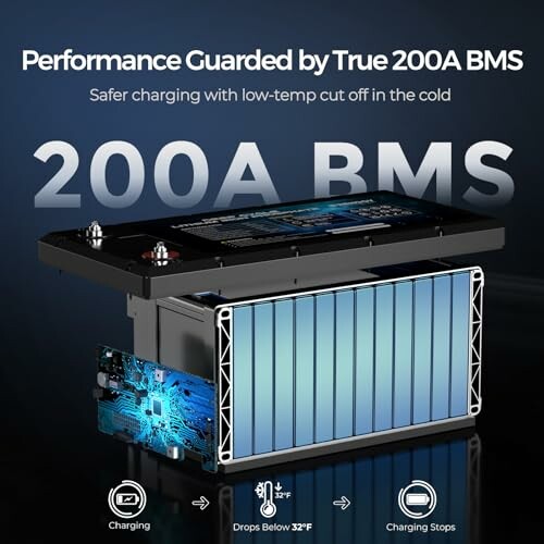 Battery with 200A BMS and safety features for cold temperatures.