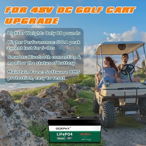 Couple riding a golf cart with 48V DC upgrade features highlighted.