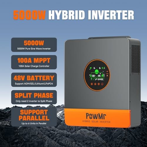 5000W hybrid inverter with specifications displayed.