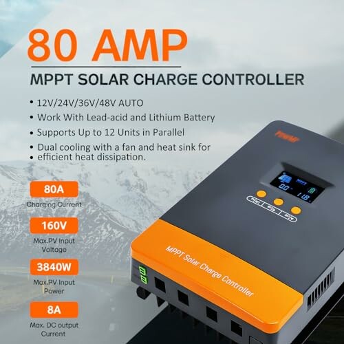 80 AMP MPPT solar charge controller with specifications.