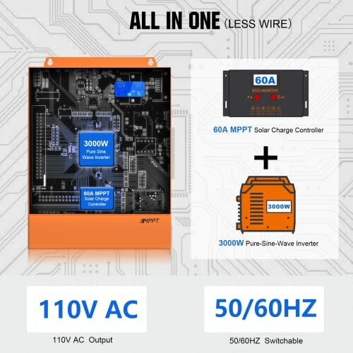 Diagram of an all-in-one solar inverter system with 60A MPPT charge controller and 3000W pure sine wave inverter, showing 110V AC output and switchable 50/60Hz.