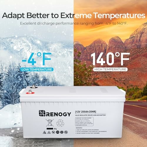 Battery with performance in extreme temperatures, showing -4ÃÂÃÂÃÂÃÂÃÂÃÂÃÂÃÂÃÂÃÂÃÂÃÂÃÂÃÂÃÂÃÂ°F in snow and 140ÃÂÃÂÃÂÃÂÃÂÃÂÃÂÃÂÃÂÃÂÃÂÃÂÃÂÃÂÃÂÃÂ°F in desert.