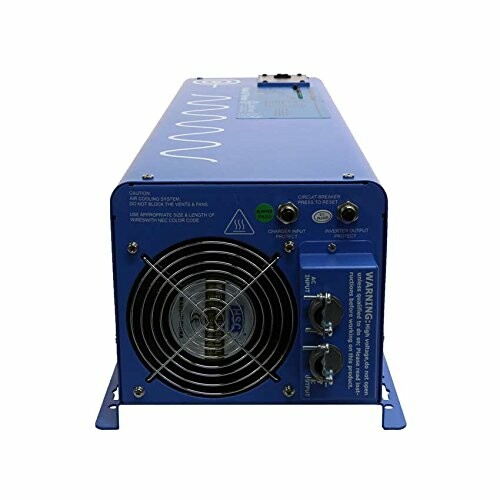 Blue power inverter with fan and warning label.