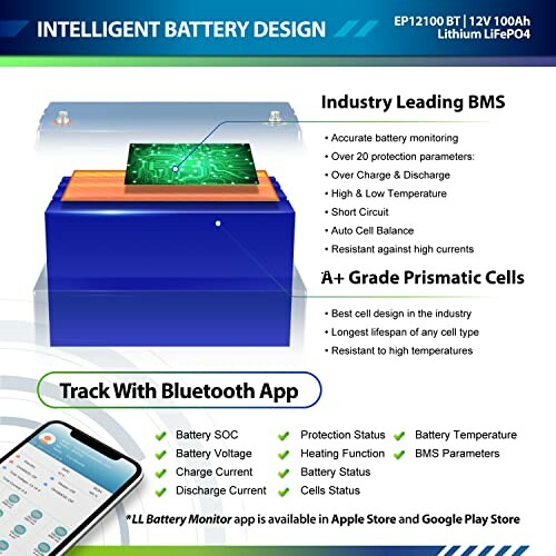 Lithium battery with Bluetooth app and advanced features