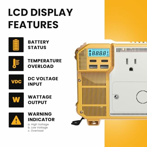 LCD display features with battery status, temperature overload, DC voltage input, wattage output, and warning indicator