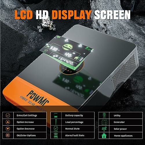 LCD HD display screen on a hybrid solar inverter with menu options.