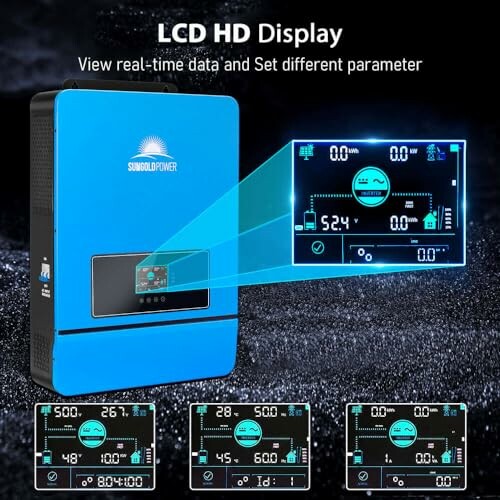 LCD HD Display showing solar inverter data and settings.