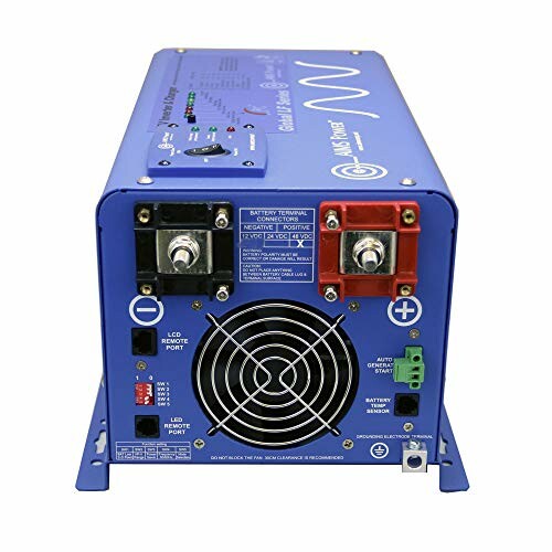 Back view of a blue power inverter with connection ports and a fan.