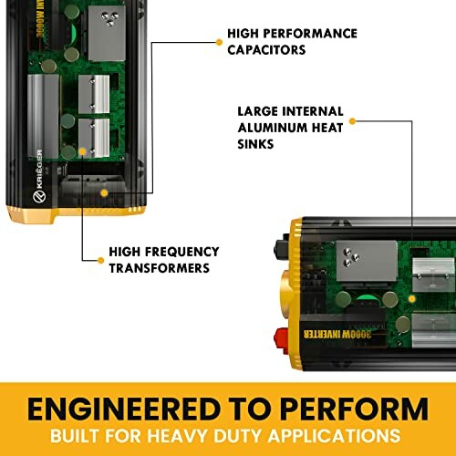 Components of a power inverter with capacitors, heat sinks, and transformers