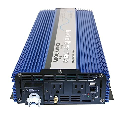 Pure sine power inverter with blue casing and multiple outlets