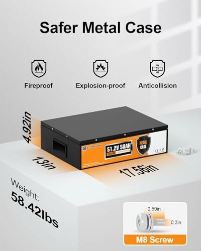 Safer metal case battery with dimensions and features.