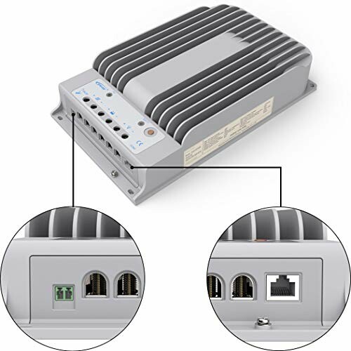 Solar charge controller with close-up of ports