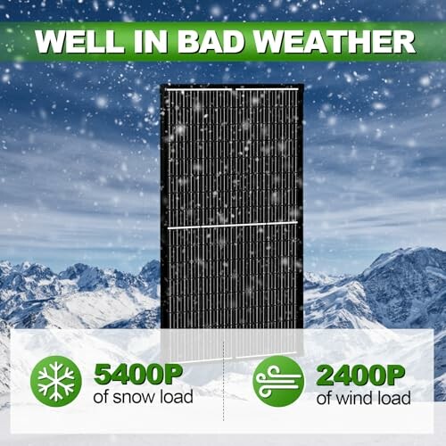 Solar panel with snow and wind load ratings in snowy mountain setting.