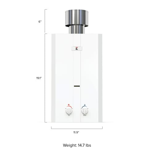 Compact tankless water heater with dimensions and weight