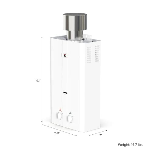 Compact white tankless water heater with dimensions and weight.