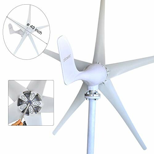 White wind turbine generator with five blades and mounting details.