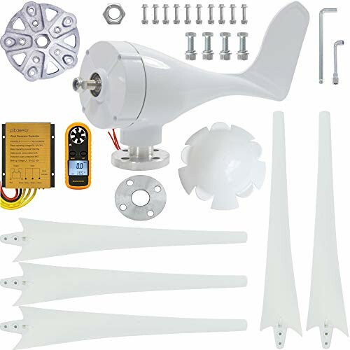 Wind turbine generator kit with blades, bolts, control unit, and tools.